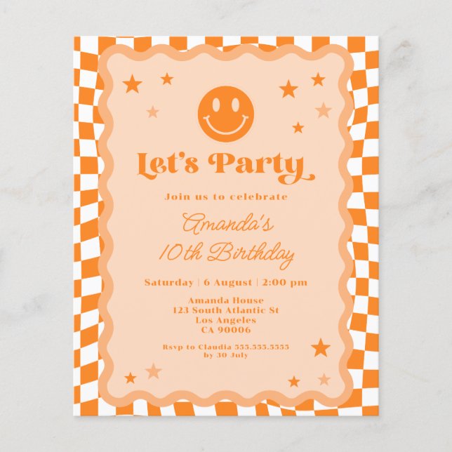 Budget Orange Happy Face Chequered Birthday Invite (Front)