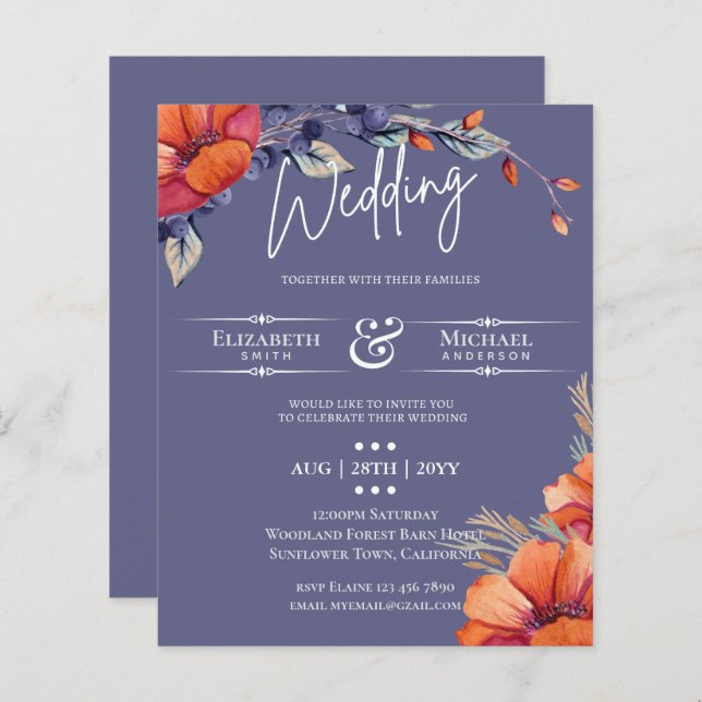 BUDGET Orange Lavender Floral Wedding Invite (Front/Back)