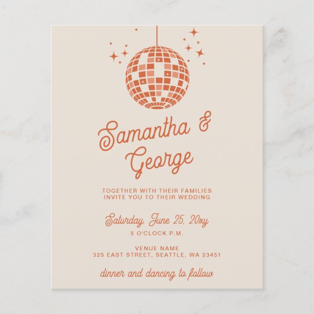 Budget Orange Photo Disco Wedding Invitation (Front)