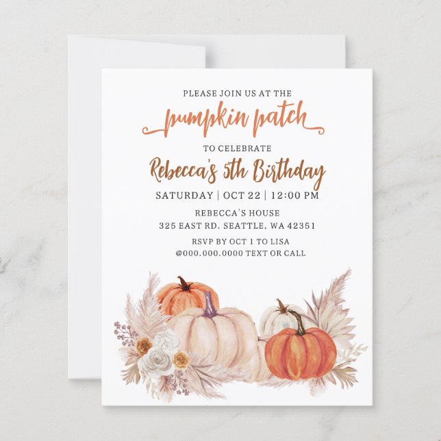 Budget Orange Pumpkin Patch Fall Birthday Invite (Front)