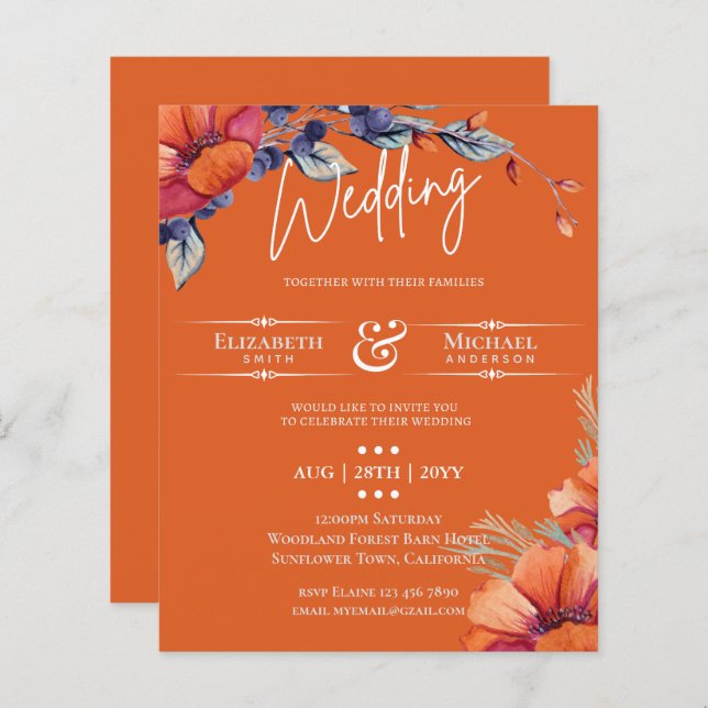 BUDGET Orange Purple Floral Wedding Invite (Front/Back)