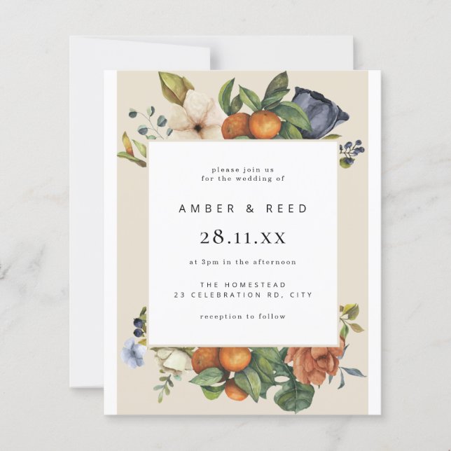 Budget Orange Summer Botanical Boho Wedding (Front)