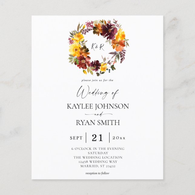 Budget Orange & Yellow Fall Floral 2 Wedding Flyer (Front)