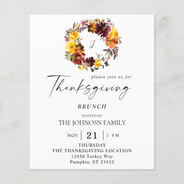 Budget Orange & Yellow Floral Thanksgiving Wreath Flyer (Front)