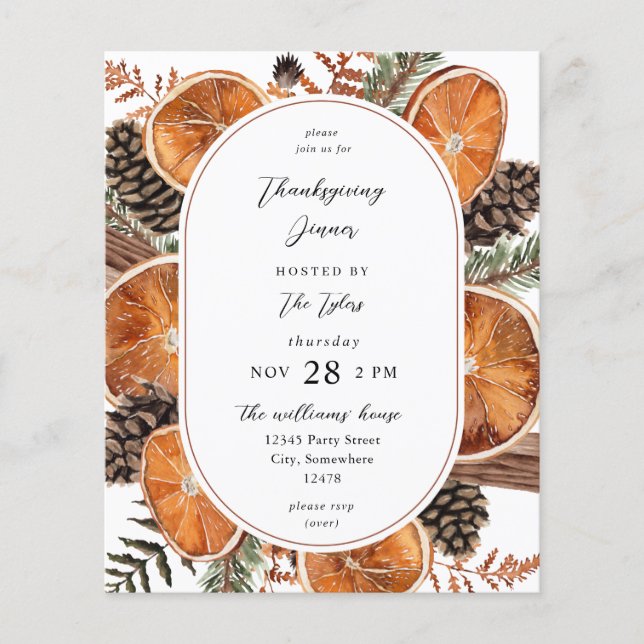 Budget Oranges Rustic Holiday Thanksgiving Dinner Flyer (Front)