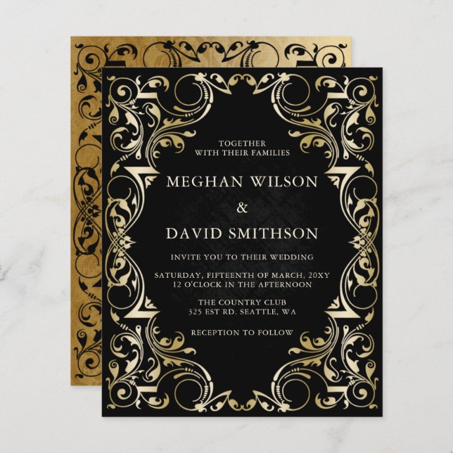 Budget Ornamental Black Gold Wedding Invitation (Front/Back)