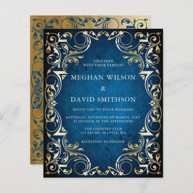 Budget Ornamental Blue Gold Wedding Invitation (Front/Back)