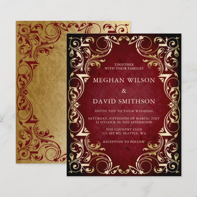 Budget Ornamental Red Gold Wedding Invitation (Front/Back)