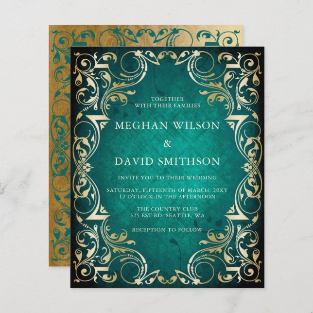 Budget Ornamental Teal Gold Wedding Invitation (Front/Back)