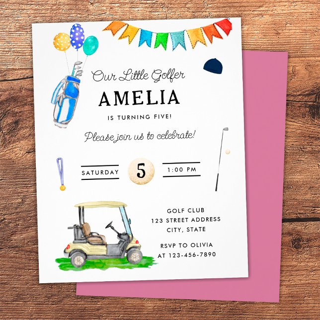 Budget Our Little Golfer Pink Kids Golf Birthday Flyer (Front and Back)