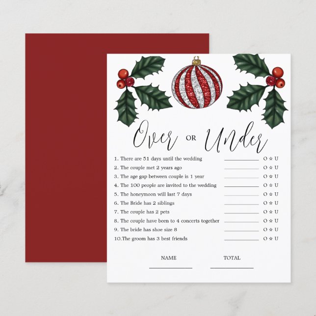Budget Over or Under Christmas Bridal Game (Front/Back)