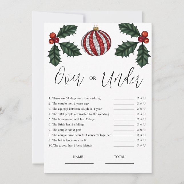 Budget Over or Under Christmas Bridal Game Invitation (Front)