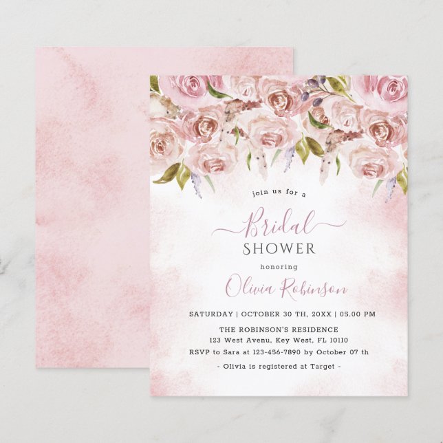 Budget Pale Pink  Floral Bridal Shower Invitation (Front/Back)