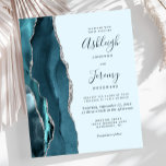 Budget Pale Teal Silver Agate Wedding Invitation<br><div class="desc">The left-hand edge of this elegant modern wedding invitation features a teal blue watercolor agate border trimmed with faux silver glitter. The customisable text combines handwriting,  copperplate and italic fonts in dark teal on a pale teal background. The reverse side features a matching teal and silver agate design.</div>