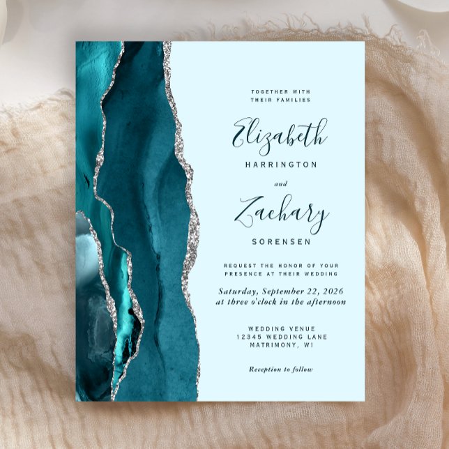 Budget Pale Teal Silver Agate Wedding Invitation (Creator Uploaded)