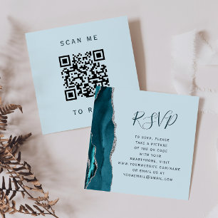 Budget Pale Teal Silver Agate Wedding QR Code RSVP Enclosure Card