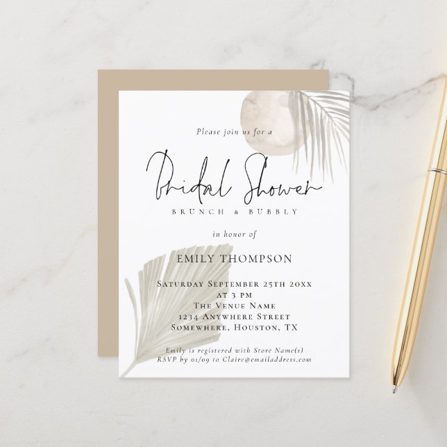 Budget Pampas Brunch Bubbly Bridal Shower Invite (Front/Back In Situ)