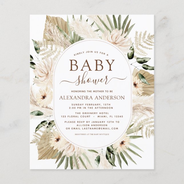 Budget Pampas Grass Baby Shower Boho Eucalyptus Flyer (Front)
