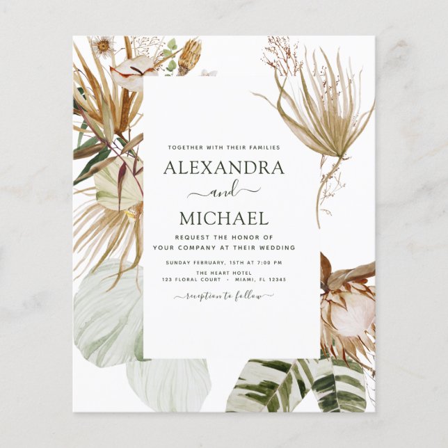 Budget Pampas Grass Bohemian Boho Tropical Wedding Flyer (Front)