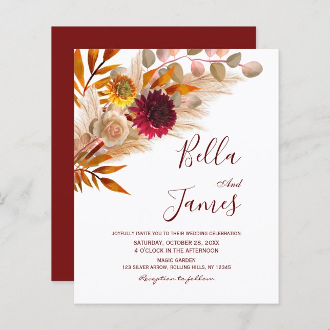 Budget Pampas Grass Fall Foliage Wedding Invite (Front/Back)