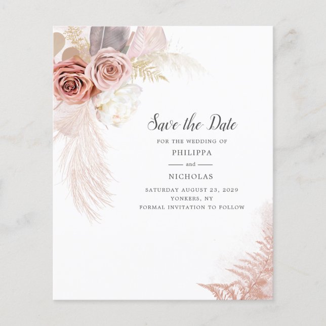 Budget Pampas Grass Floral Script Save The Date (Front)