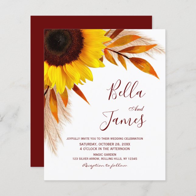 Budget Pampas Grass Sunflower Wedding Invitations (Front/Back)