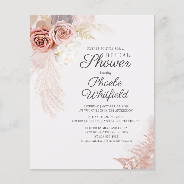 Budget Pampas Grass Tan Bridal Shower Invitation (Front)