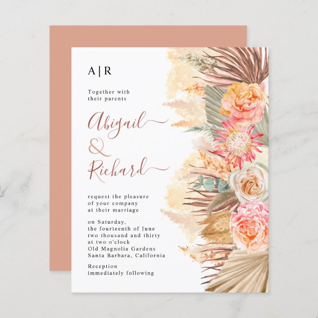 BUDGET Pampas grass wedding invitation (Front/Back)