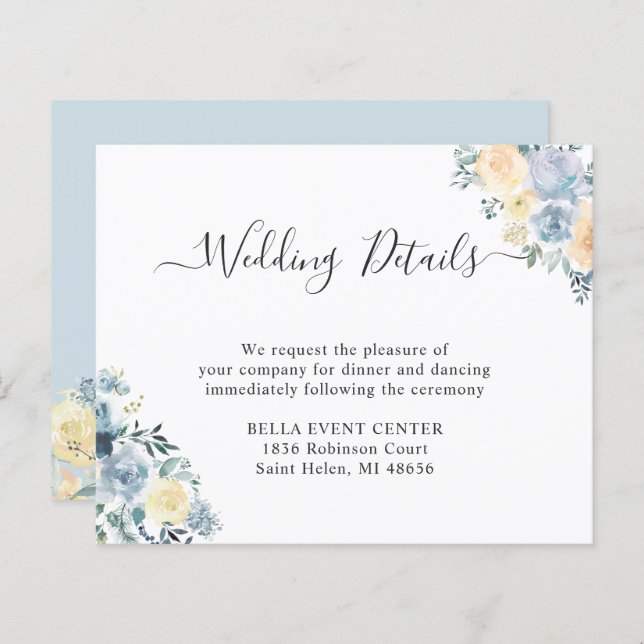 Budget Pastel Blue Floral Wedding Details Card (Front/Back)