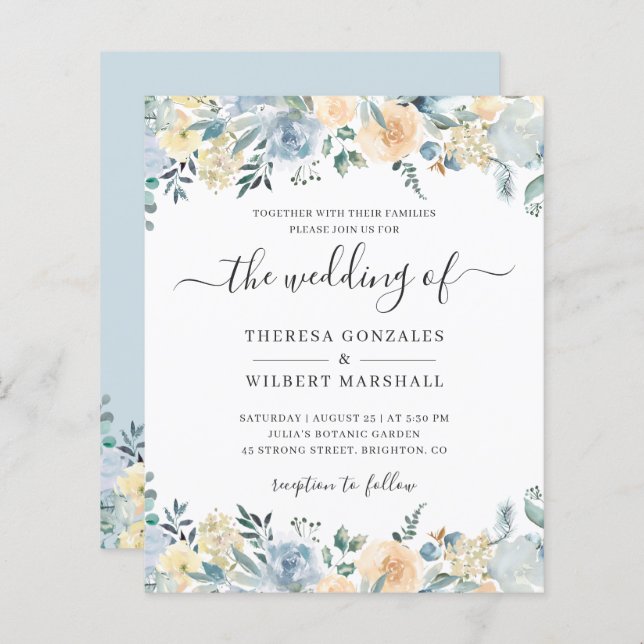 Budget Pastel Dusty Blue Wedding Invitation (Front/Back)