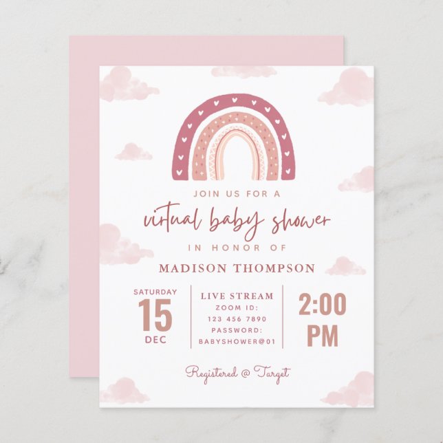 Budget Pastel Pink Rainbow Virtual Baby Shower (Front/Back)