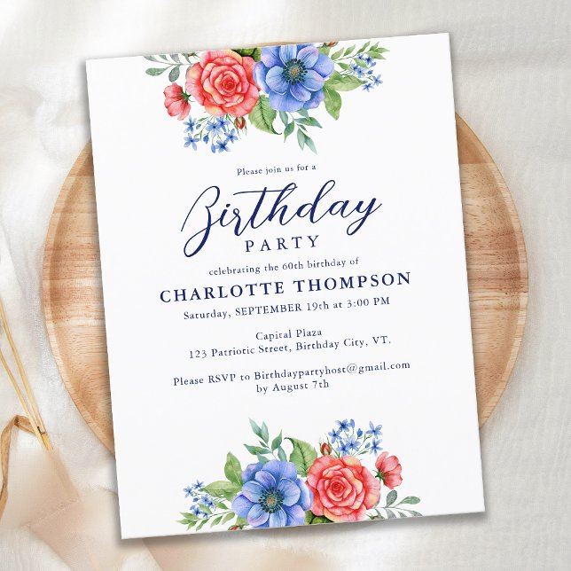 Budget Patriotic Floral Red Blue Birthday Invite Postcard (Creator Uploaded)