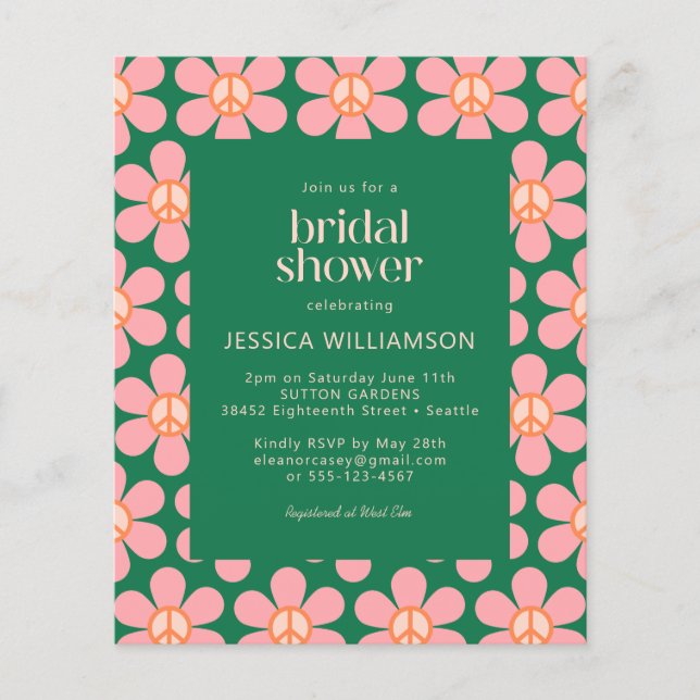 Budget Peace Floral Green Bridal Shower Invite (Front)