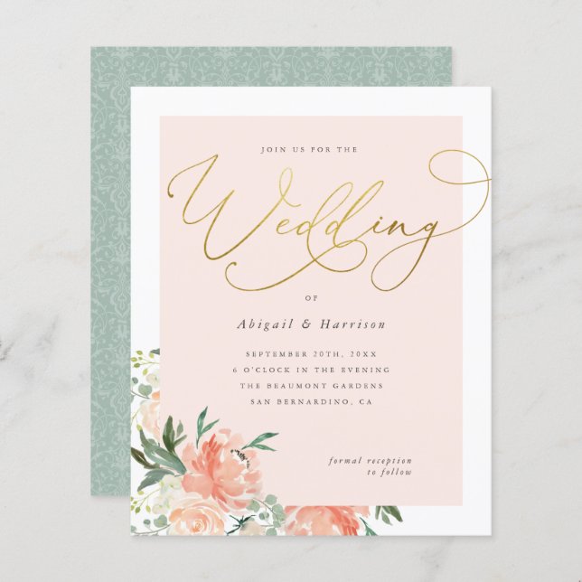 Budget Peach Blush & Gold Script Floral Wedding (Front/Back)