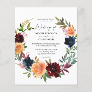 Budget Peach, Burgundy & Navy Fall Floral Wedding Flyer