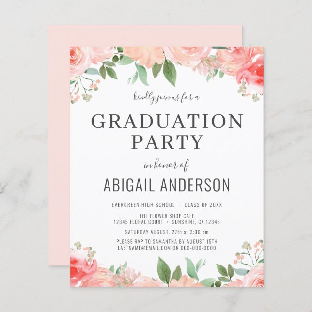 Budget Peach Coral Floral Graduation Invitation (Front/Back)