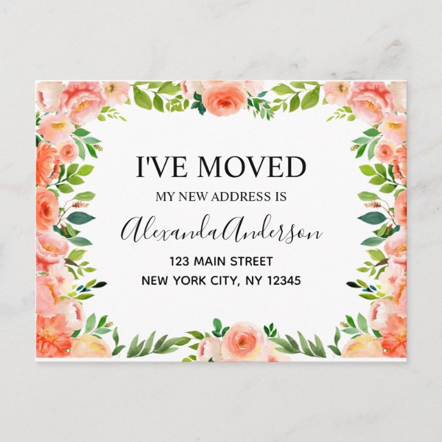 Budget Peach Coral Floral Moving Announcement Post Postcard (Front)