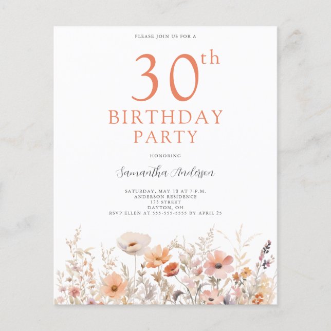 Budget Peach Floral 30th Birthday Invitation Flyer (Front)
