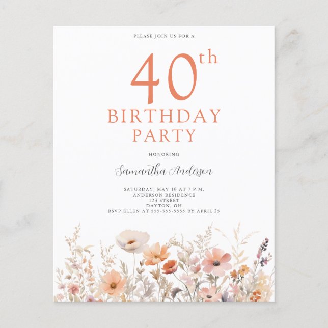 Budget Peach Floral 40th Birthday Invitation Flyer (Front)