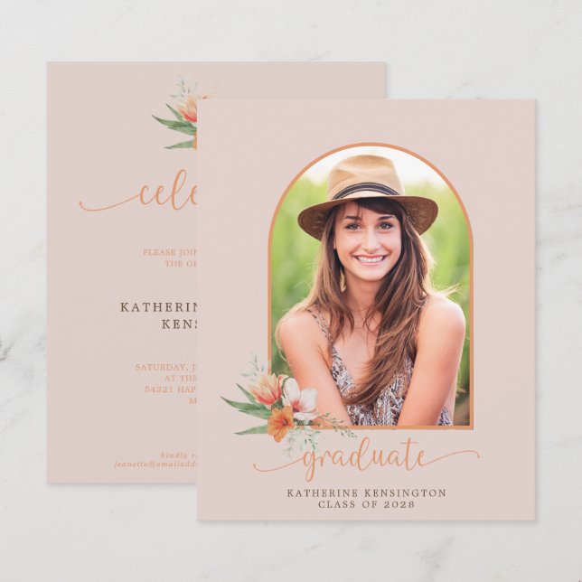 Budget Peach Floral Boho Arch Graduation Invite (Front/Back)