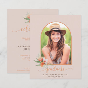 Budget Peach Floral Boho Arch Graduation Invite