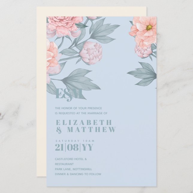 Budget Peach Floral Dusty Blue Sage Leaf Wedding (Front/Back)