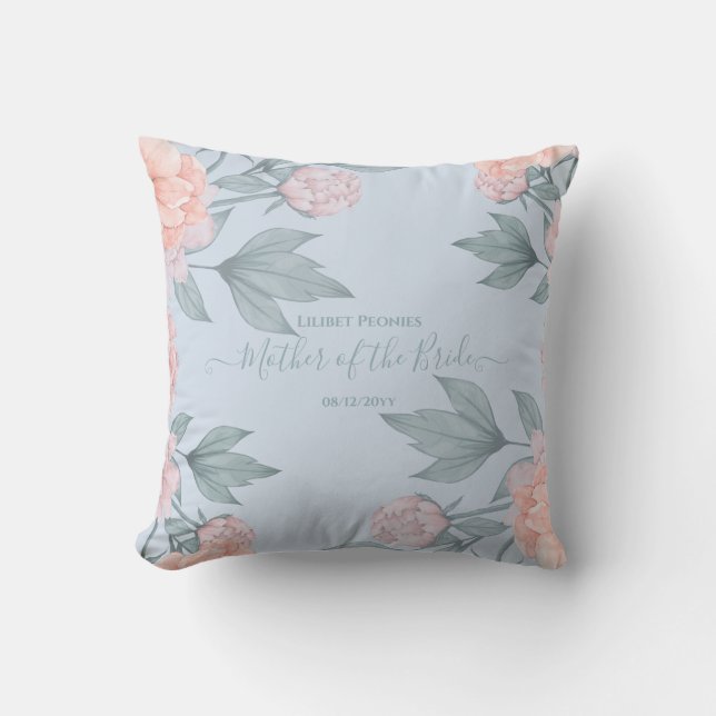 Budget Peach Floral Dusty Blue Sage Leaf Wedding Cushion (Front)