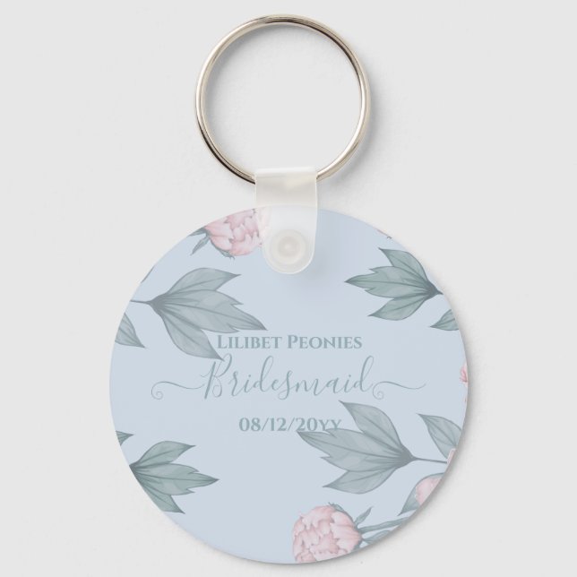 Budget Peach Floral Dusty Blue Sage Leaf Wedding Key Ring (Front)
