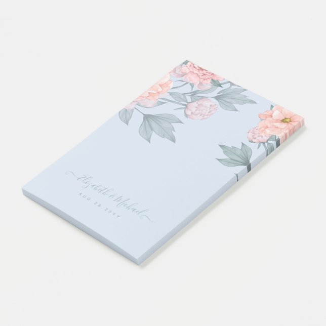 Budget Peach Floral Dusty Blue Sage Leaf Wedding Post-it Notes (Angled)