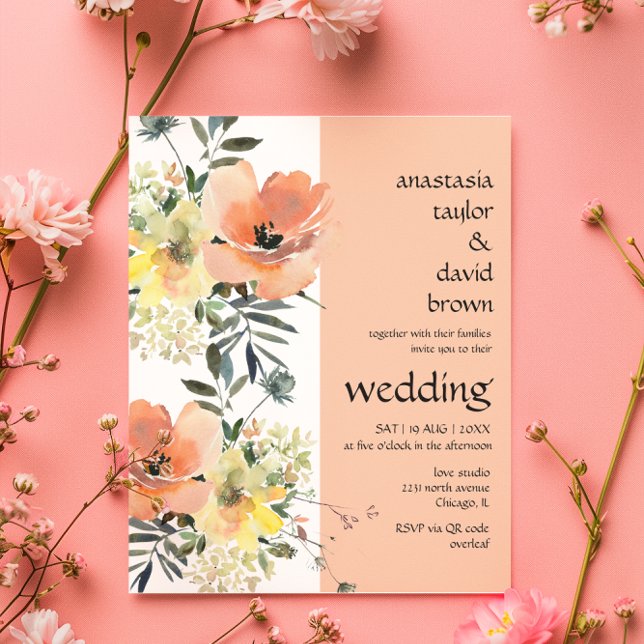 Budget Peach Floral QR Code Wedding Invitation (Creator Uploaded)