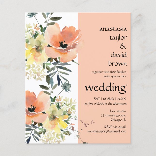 Budget Peach Floral Wedding Invitation (Front)