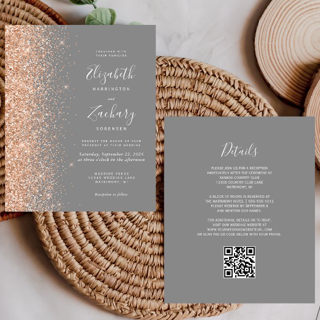 Budget Peach Glitter Grey QR Code Wedding Invite (Creator Uploaded)
