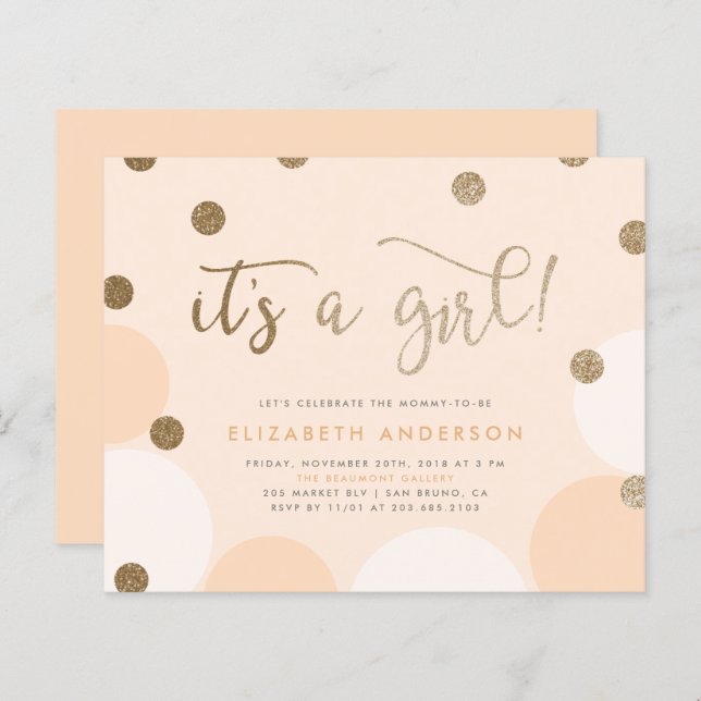 Budget Peach & Gold Confetti Girl Baby Shower (Front/Back)