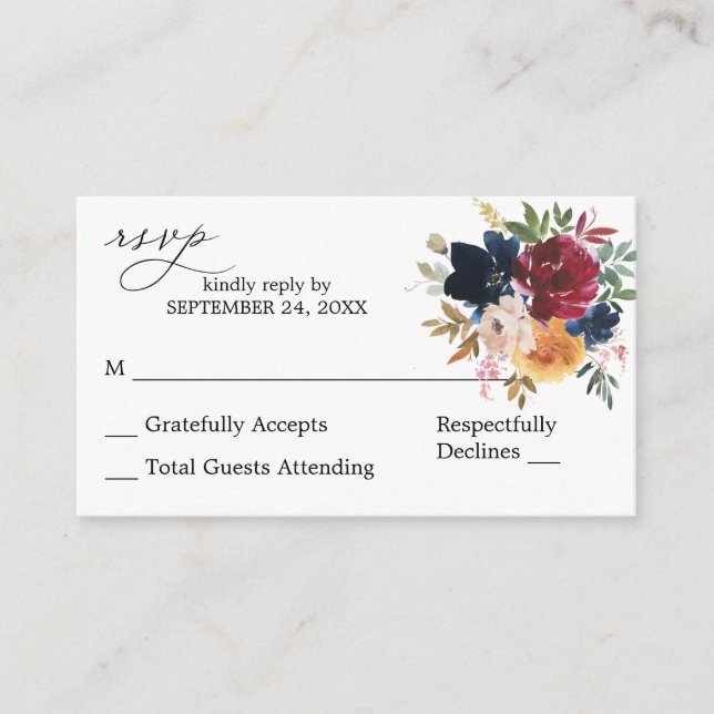 Budget Peach,Navy, Burgundy Floral SM No Meal RSVP Enclosure Card (Front)